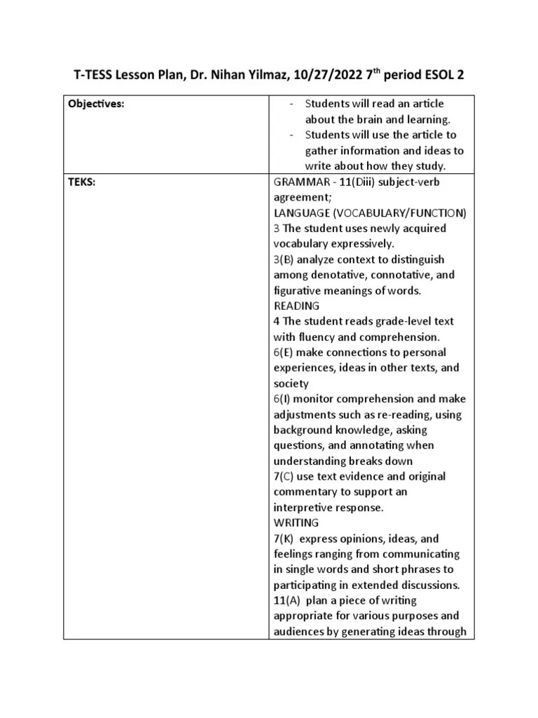 T Tess Lesson Plan Nihan Yilmaz PDF Reading Comprehension Applied