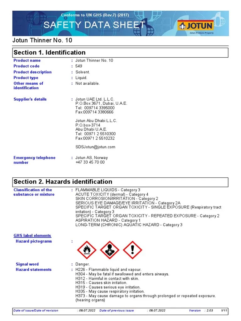 SDS 549 Jotun Thinner No. 10 Euk AE PDF Toxicity Chemistry