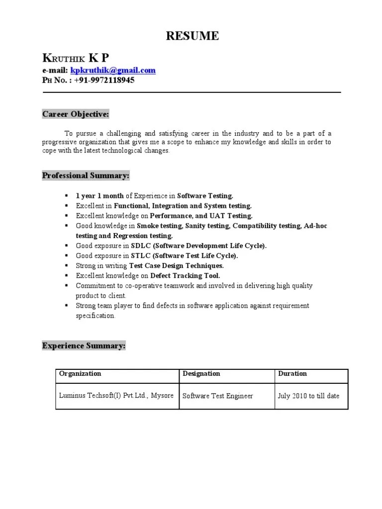 Resume Kruthik 1+Year Experience in Software Testing Software Testing