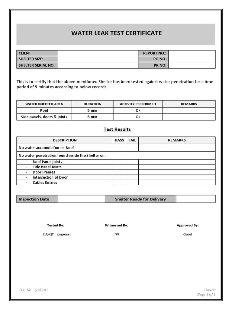 Water Leak Test Certificate Report PDF