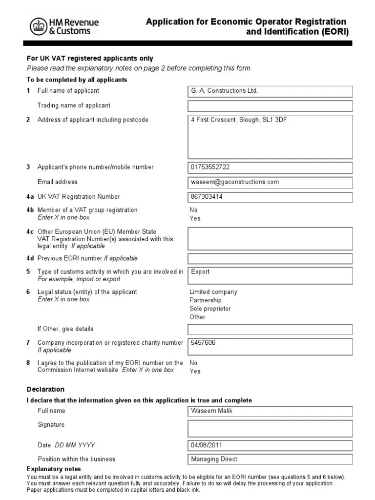EORI App Form Value Added Tax Customs