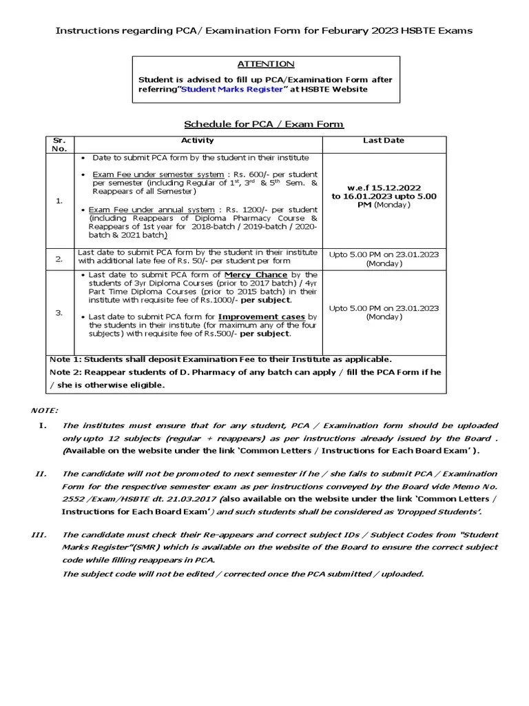 Instructions Regarding PCA Examination Form Feb 2023 | PDF | Test