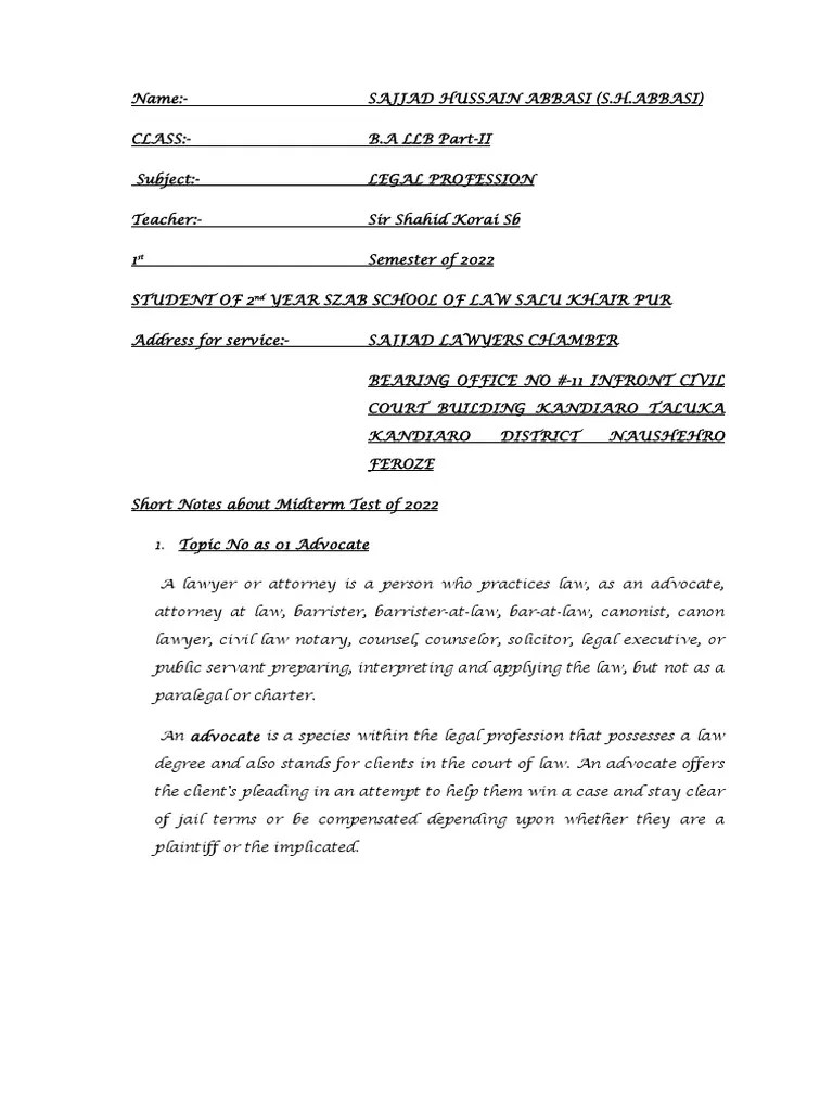 Regulating the Legal Profession Notes on the Classes of Advocates, Bar