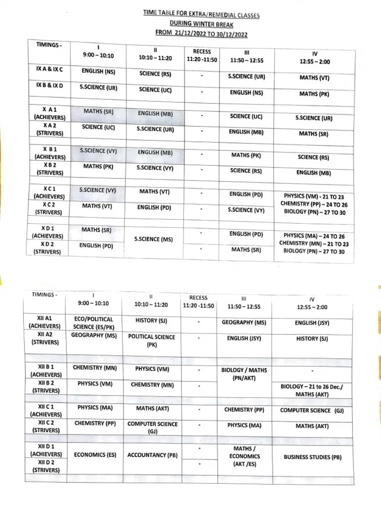 Modified Time Table For Winter Break PDF Science