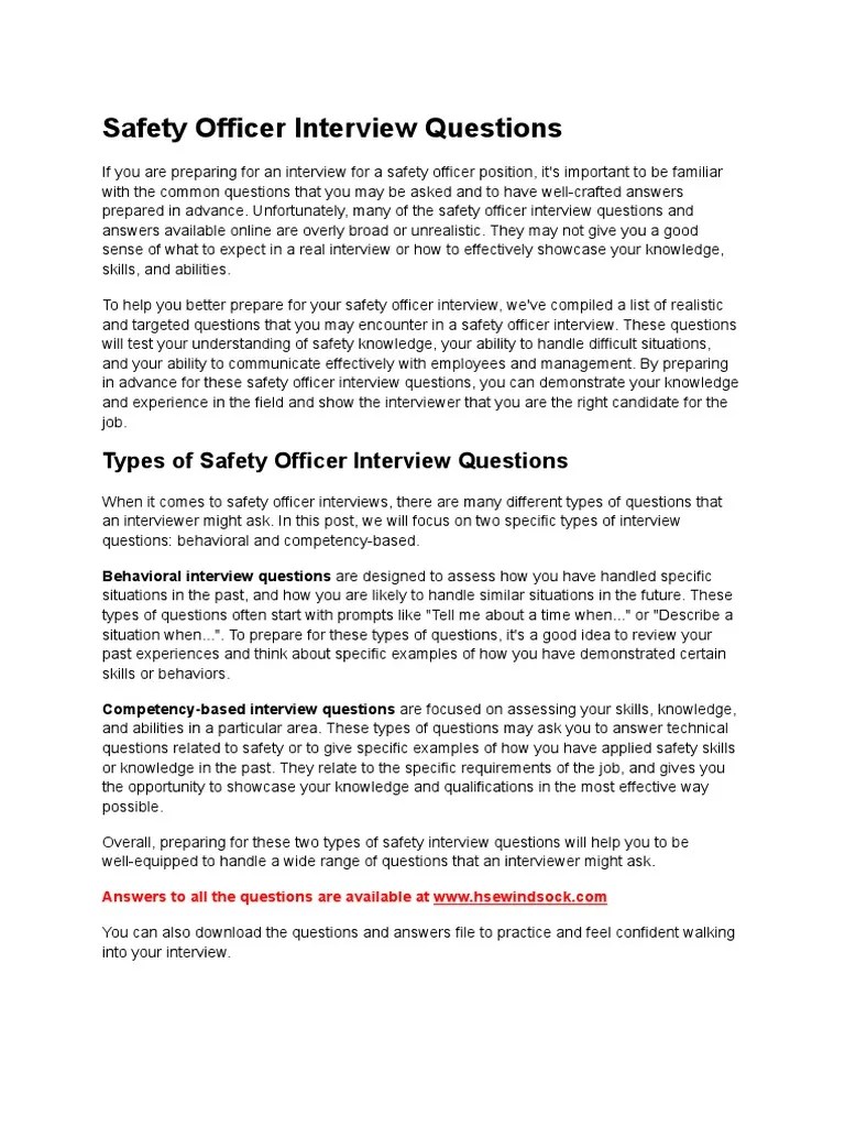 Safety Officer Interview Question PDF Occupational Safety And