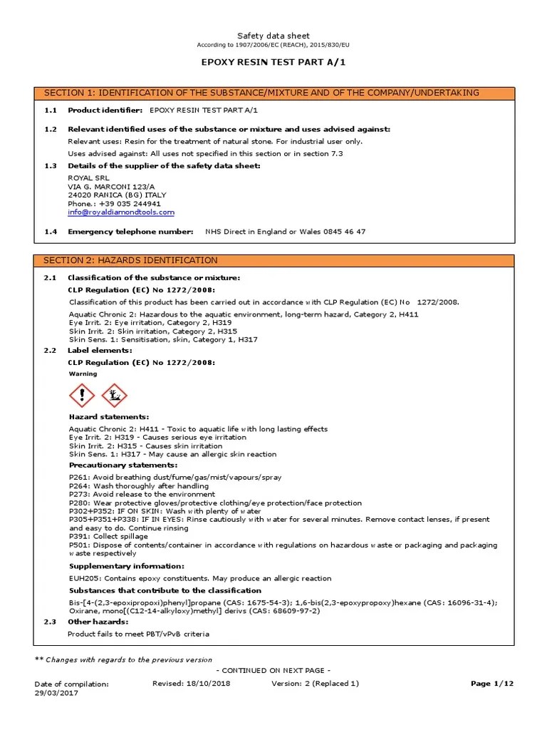 En Epoxy Resin Test Part A 1 PDF Toxicity Dangerous Goods