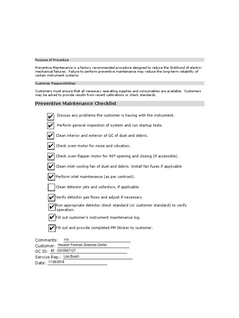 Simple Preventive Maintenance Checklist PDF Gas Chromatography Pump