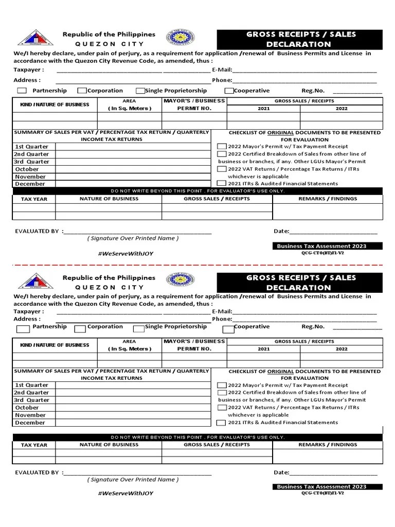 Gross Sales Declaration Form 2023 PDF Tax Return (United States