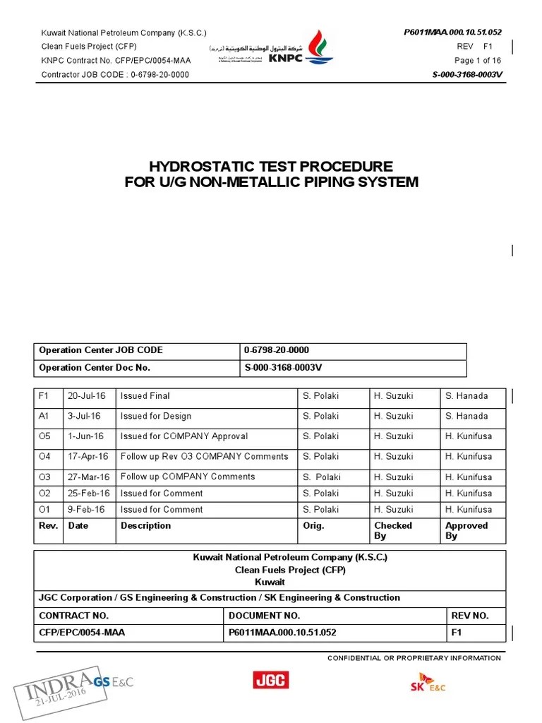 Hydrostatic Test Procedure For Ug NonMetallic Piping System PDF
