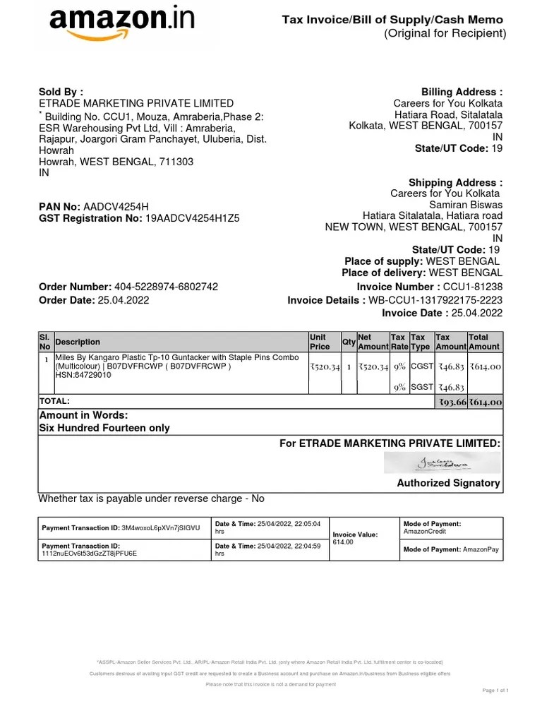 Tax Invoice for the Sale of a Miles By Kangaro Plastic Tp10 Guntacker