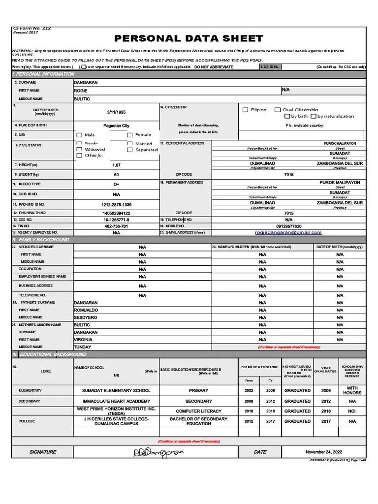 Personal Data Sheet PDF Teachers Vocational Education