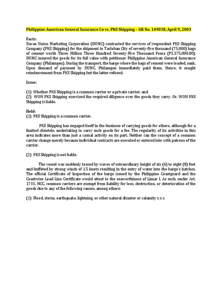 Common Carriers Digests PDF Legal Liability Negligence