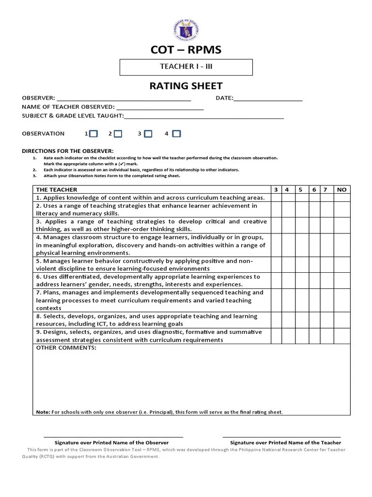 Cot Rating Form PDF Teaching Method Learning