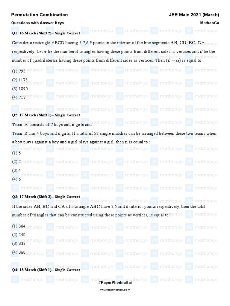 Mathongo Question Permutation Combination Jee Main 2021 March