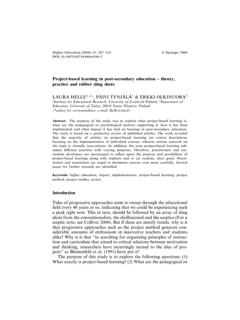 ProjectBased Learning in PostSecondary Education Theory PDF