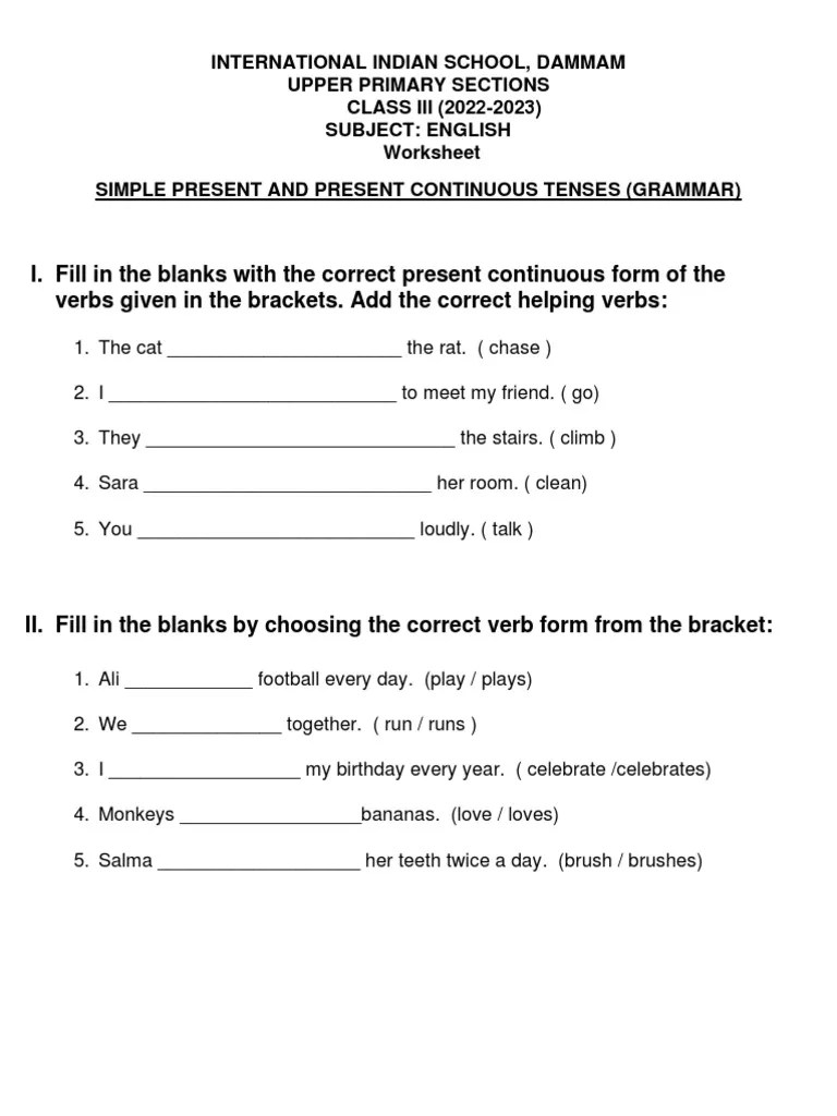 Grammar Worksheet on Simple Present and Present Continuous Tenses for Class III Students at