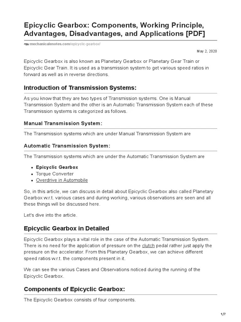 Epicyclic Gearbox Components Working Principle Advantages Disadvantages