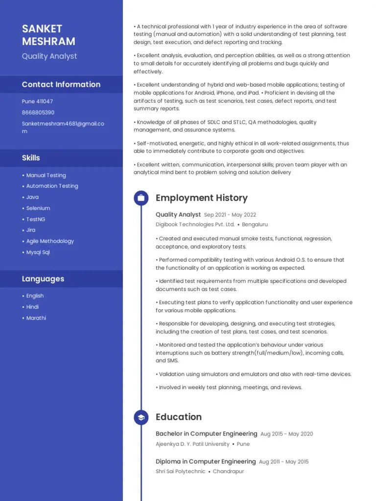 Quality Analyst with 1 Year Experience in Manual and Automation Testing