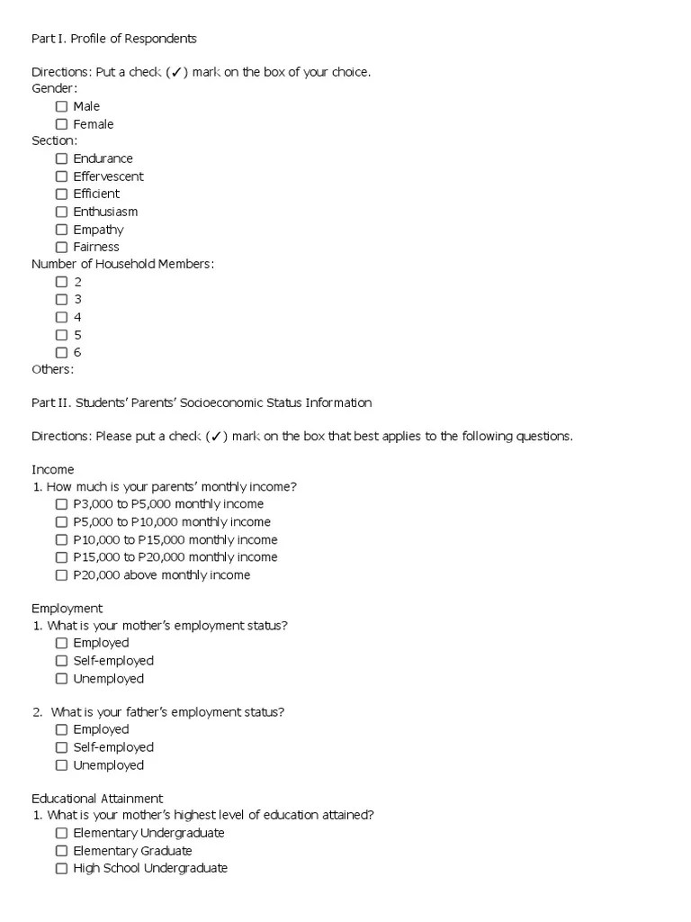 Questionnaire PDF Socioeconomic Status Undergraduate Education