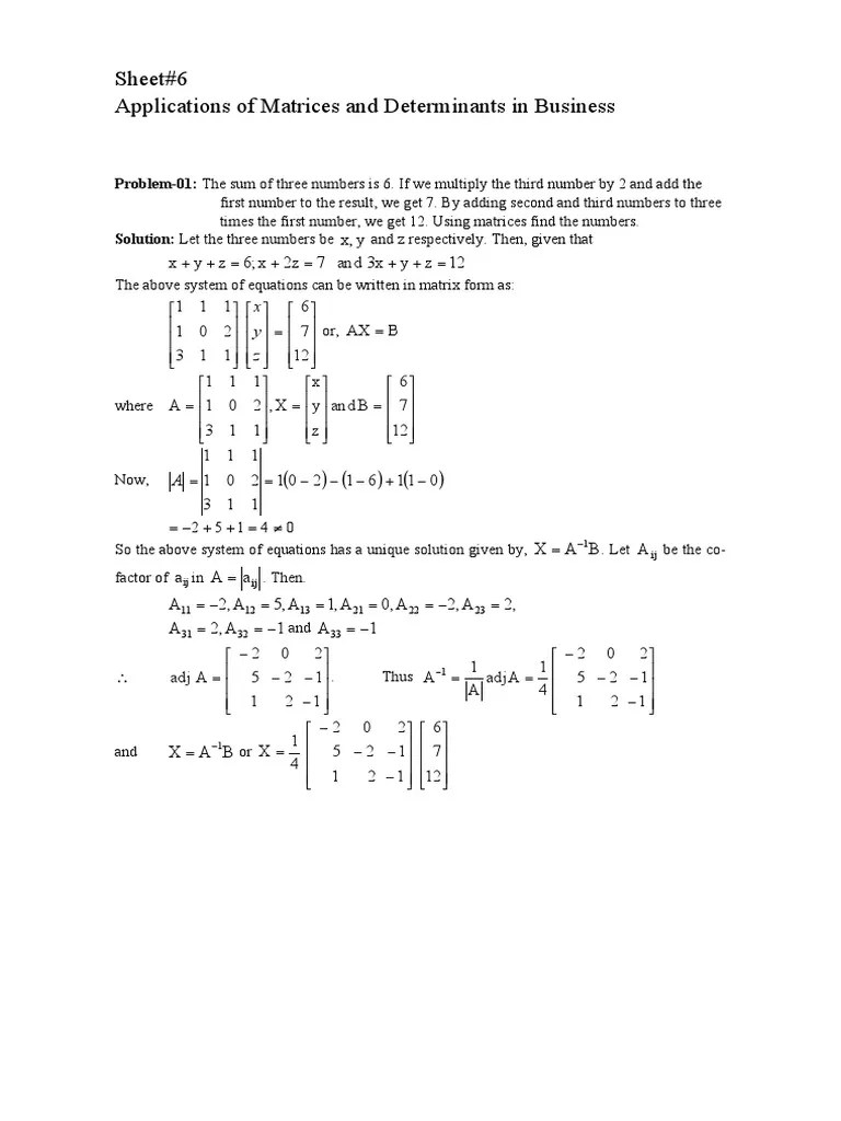 Sheet6 Matrices and Determinants PDF Matrix (Mathematics