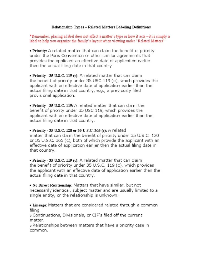 Relationship Types & Dates Definition PDF Priority Right Glossary