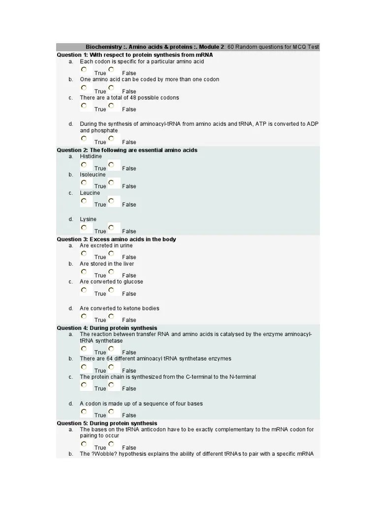Biochemistry Amino Acids Proteins Module 2 60 Random Questions For