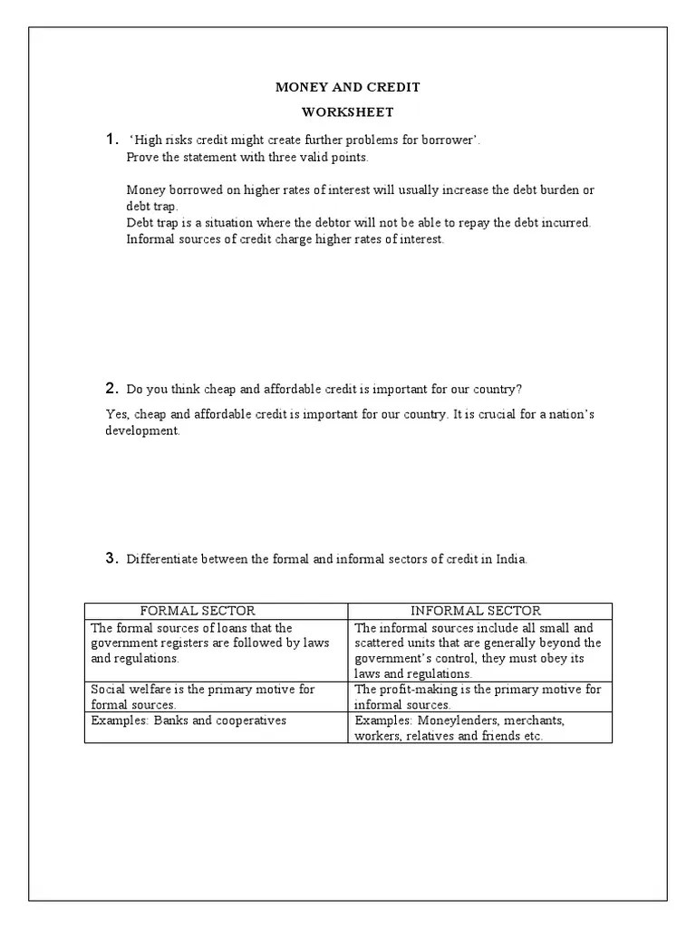 MONEY AND CREDITworksheet PDF Loans Credit