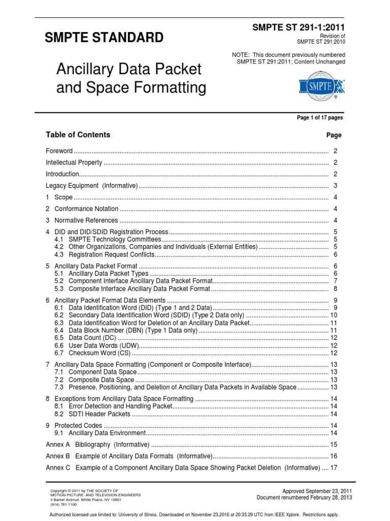 SMPTE ST 29112011 AncillaryDataPacketAndSpaceFormatting PDF