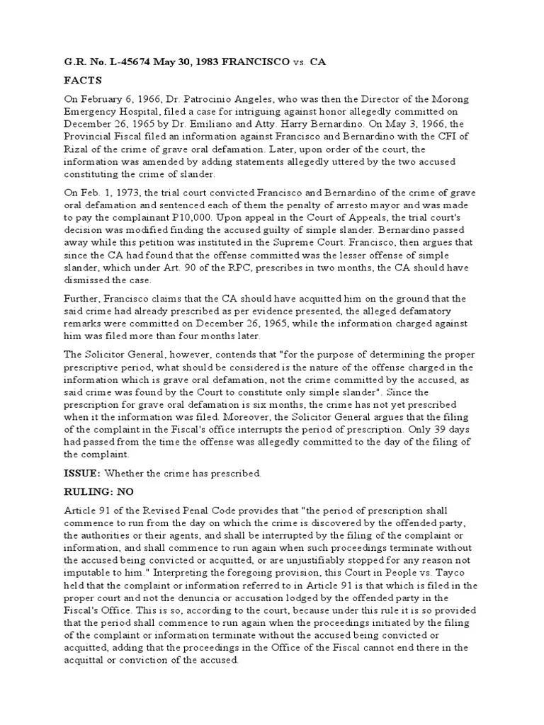 Francisco V Ca PDF Defamation Statute Of Limitations