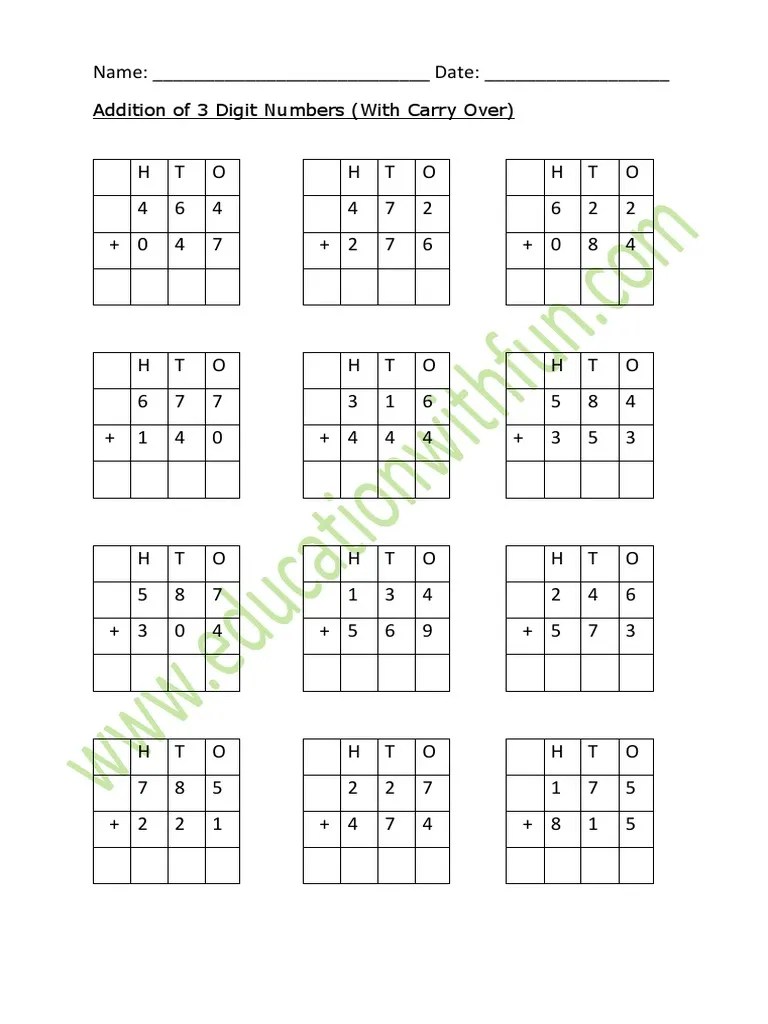 Addition of 3 Digit Numbers (With Carry Over) Worksheet 1 PDF