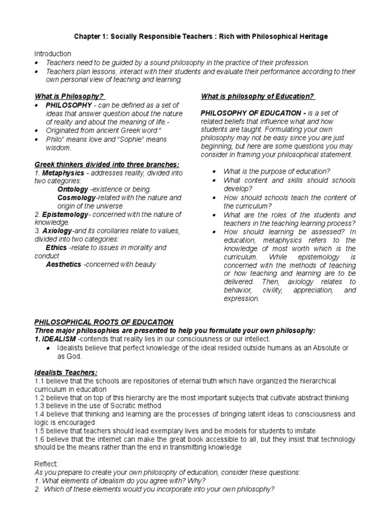 Formulating a Philosophy of Education An Analysis of the Major Educational Philosophies and