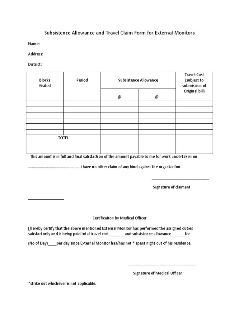 Subsistence Allowance and Travel Claim Form For External Monitors PDF