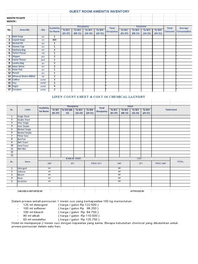 Linen Count Sheet & Chemical Cost PDF Hygiene Home