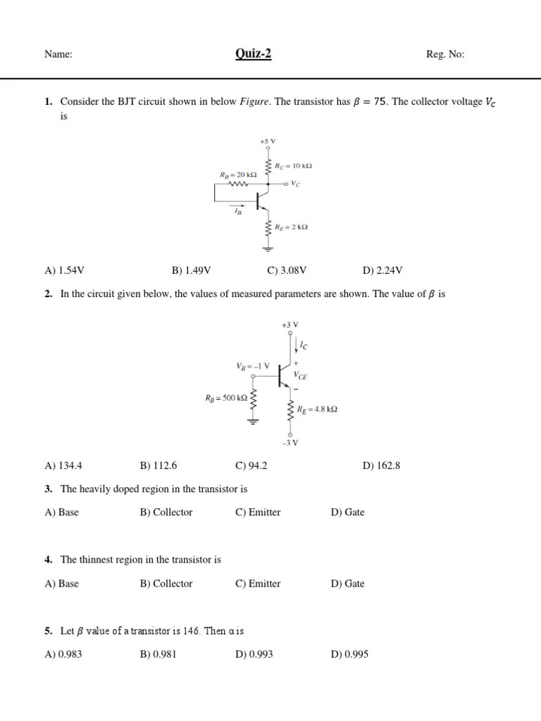 Analysis of BJT Transistor Circuit Questions and Answers PDF