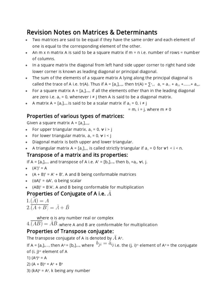 Matrix and Determinants Notes PDF Matrix (Mathematics) Determinant