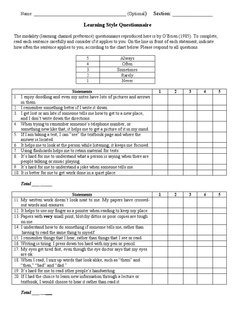 Learning Style Questionnaire PDF Learning Styles Learning