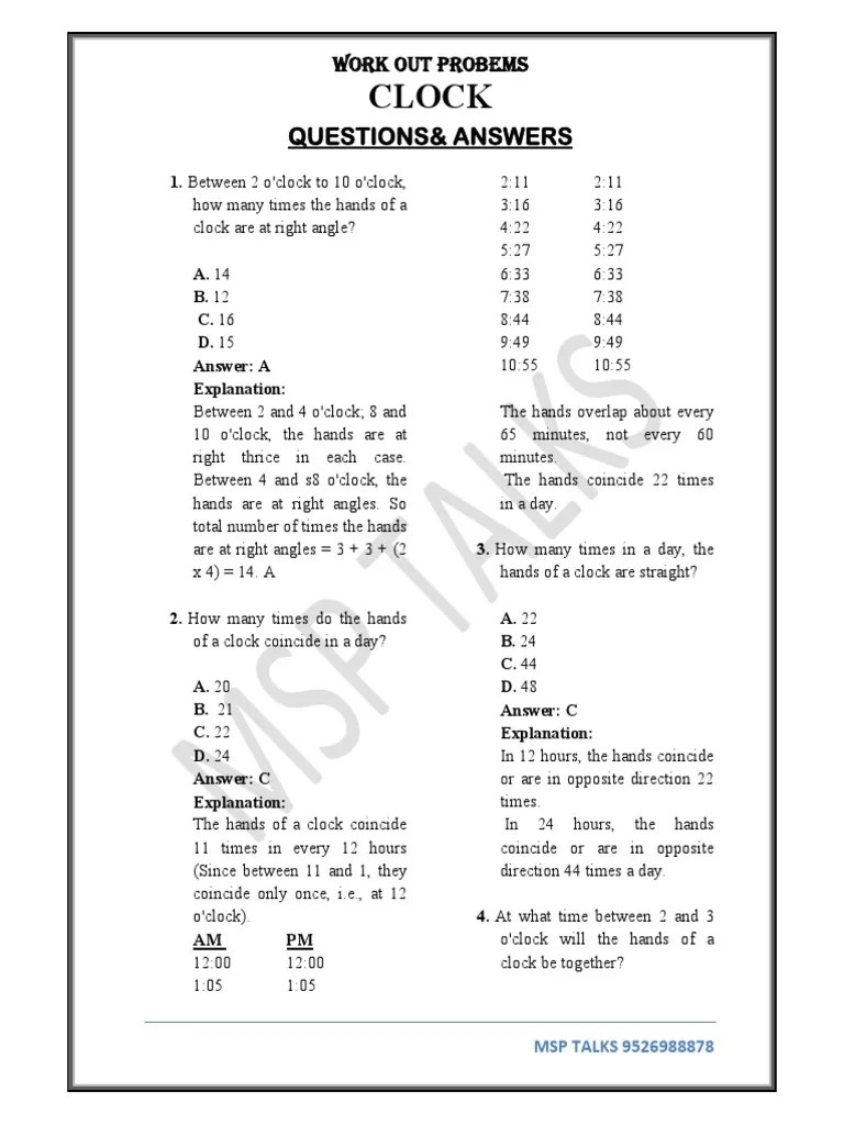 Test of Reasoning Clock PDF Clock Hour