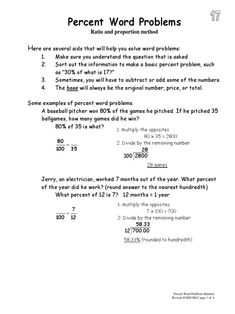 Solving Percent Word Problems A Guide to Setting Up and Solving Common