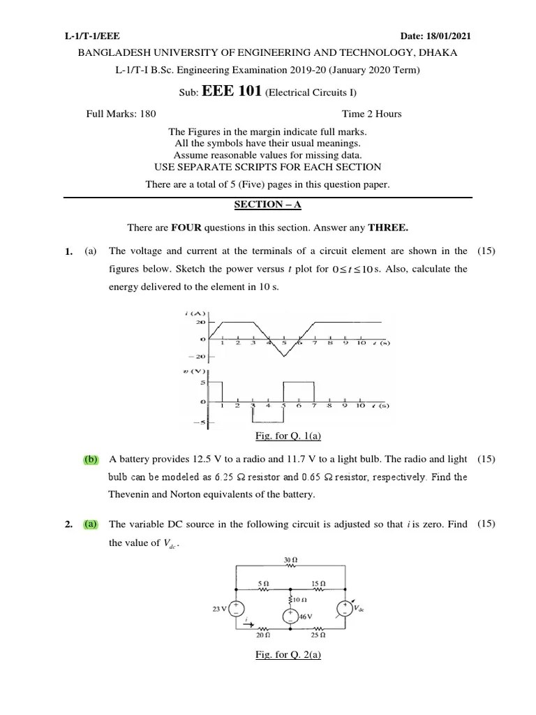 L1/T1/EEE Examination Analysis of Electrical Circuits I Problems and