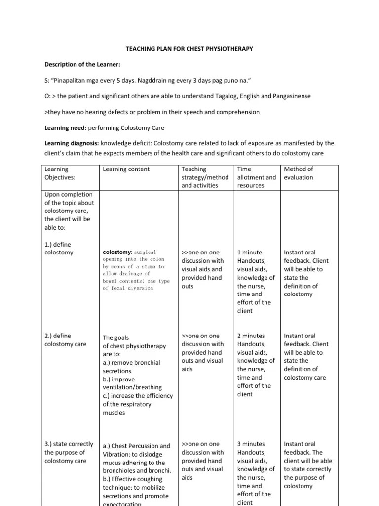 Teaching Plan for Colostomy Care