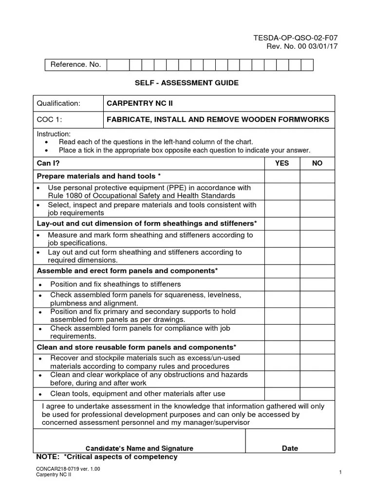 Self Assessment Guide Carpentry NC II by COC PDF