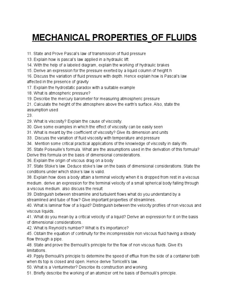 Fluids Important Question PDF Fluid Dynamics Viscosity