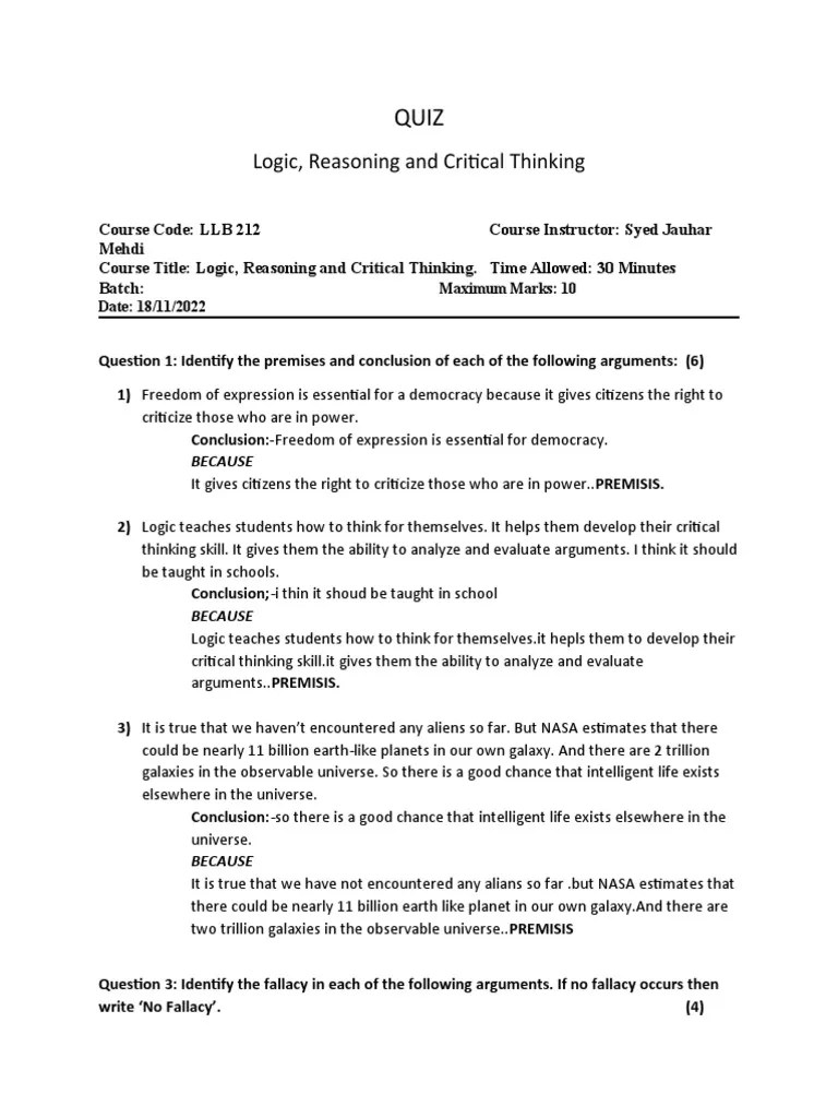 Quiz Logic, Reasoning and Critical Thinking PDF Argument Logic