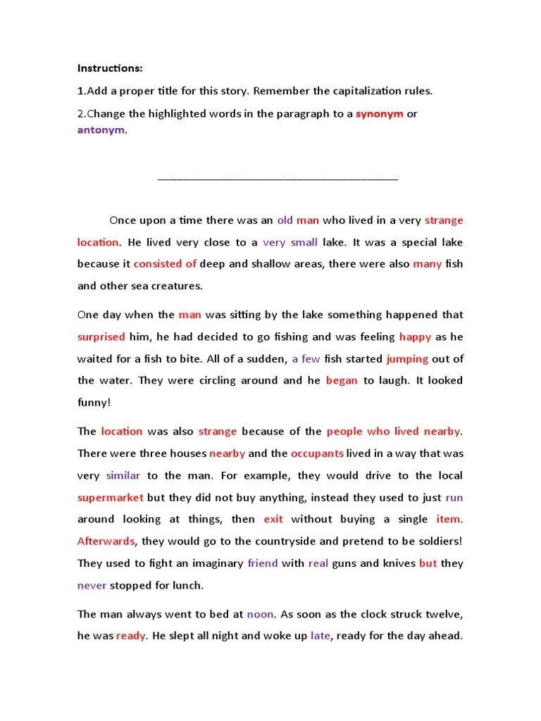 Synonyms and Antonyms Reading Comprehension Exercises TBL Task Based