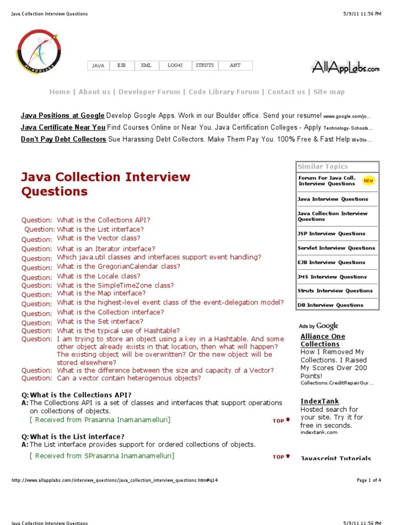 Java Collection Interview Questions Array Data Structure