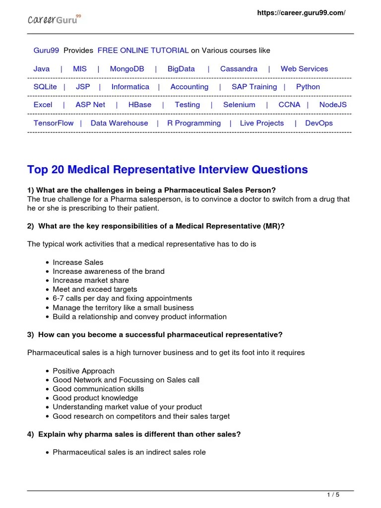 Medical Representative Interview Questions PDF Marketing Pharmacy