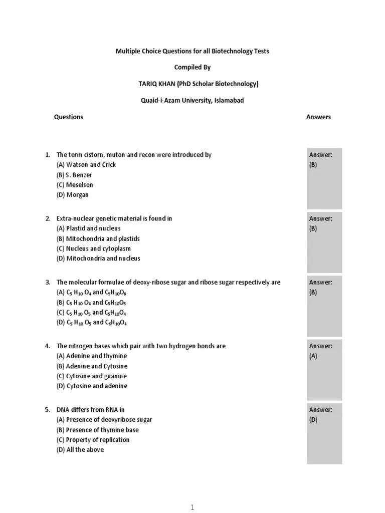 Biotech MCQs PDF Dna Rna