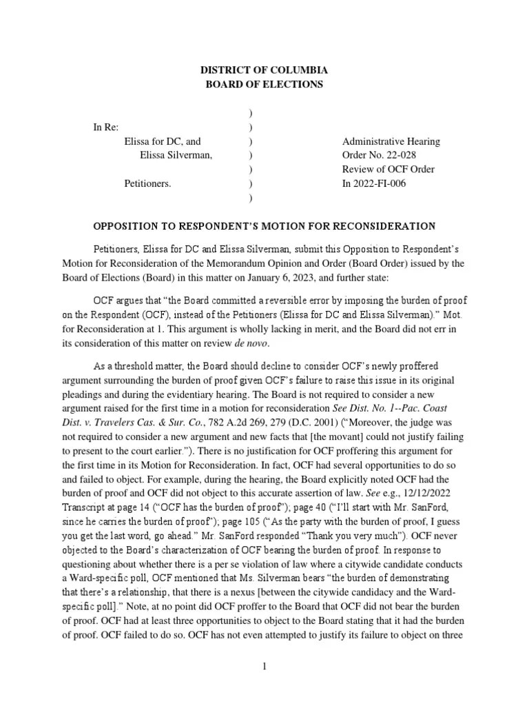 Opposition To Motion For Reconsideration PDF Burden Of Proof (Law