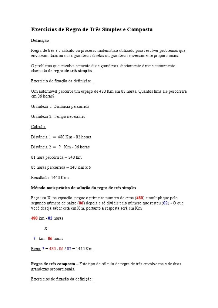 Exercícios de Regra de Três Simples e Composta Carro Cálculo