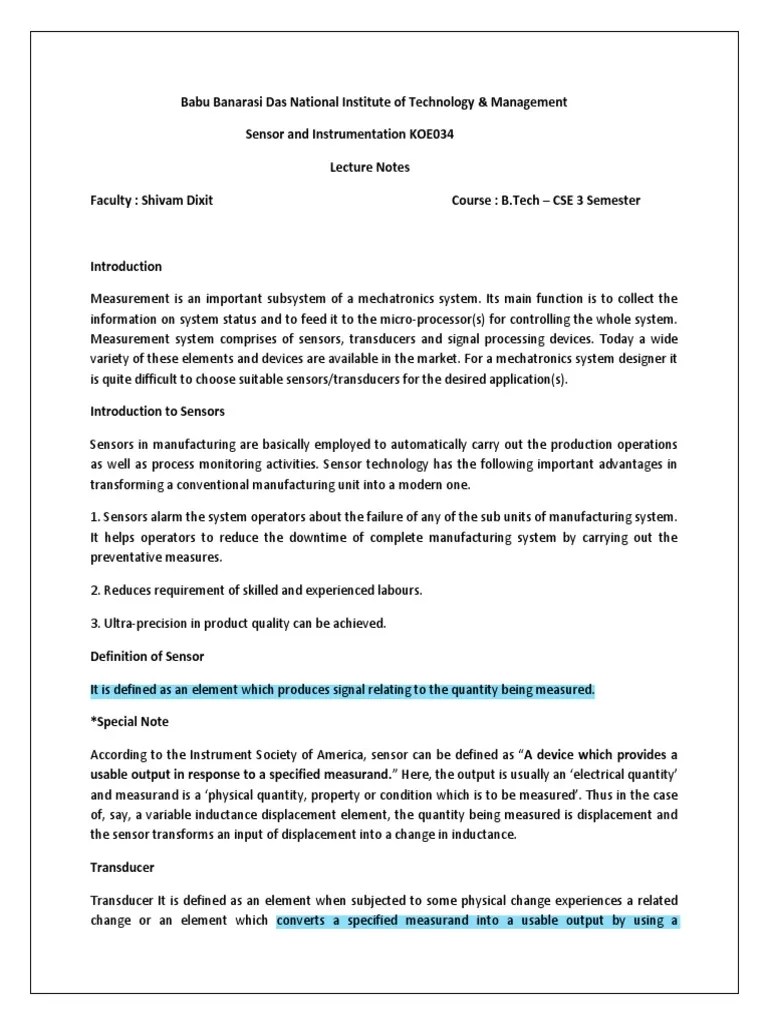 An Introduction to Sensors and Transducers Definitions, Types